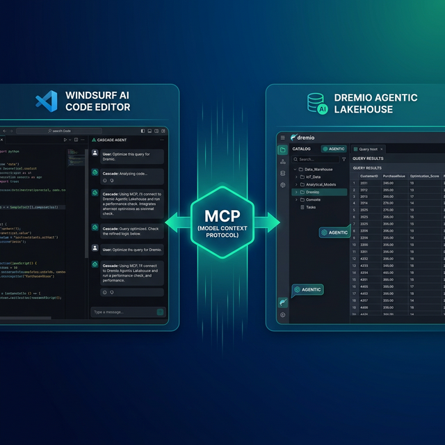 Windsurf AI editor with Cascade agent connecting to Dremio Agentic Lakehouse via MCP